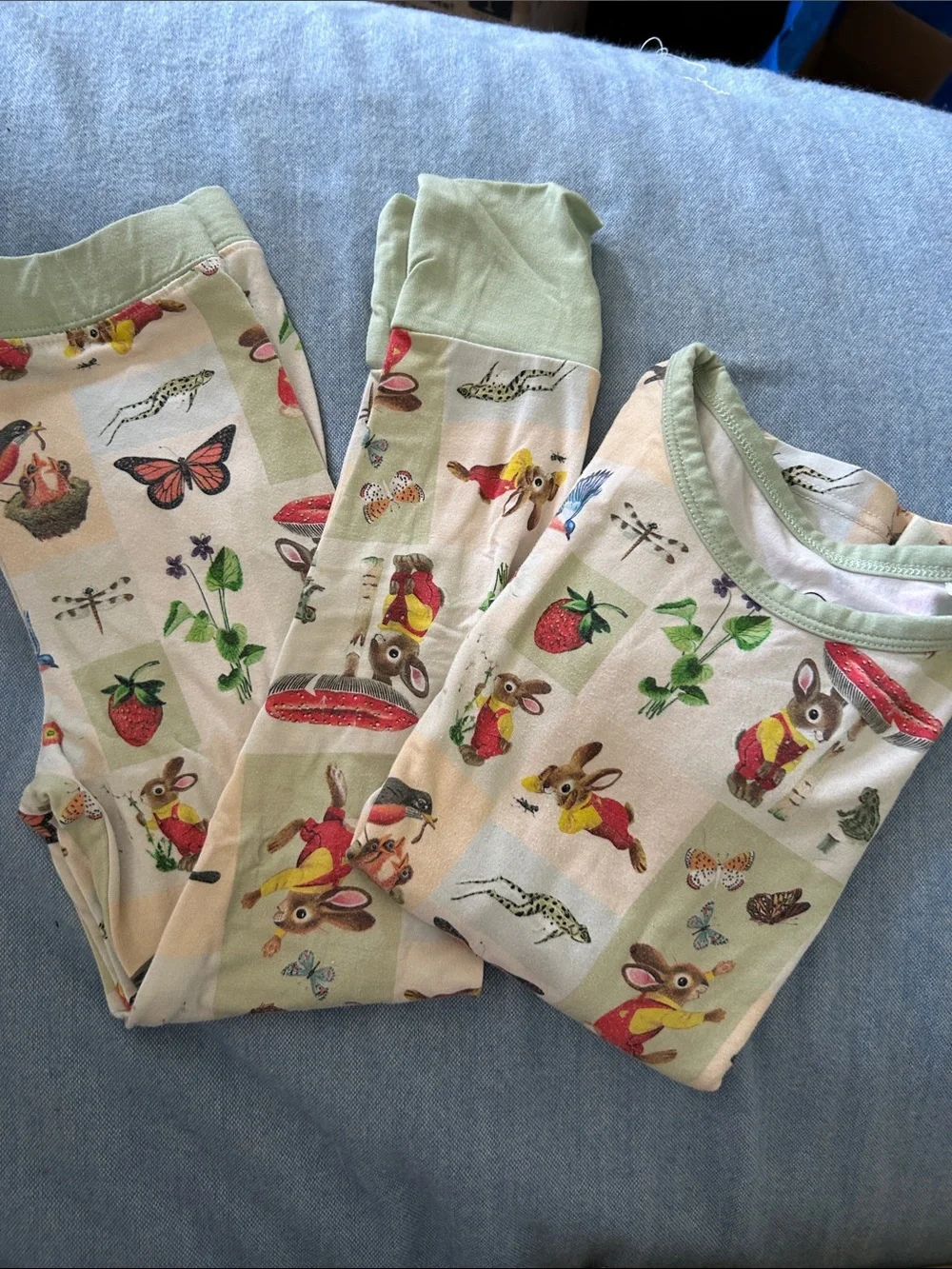 Children's Bunny Print Pajama Set in Light Green Trim